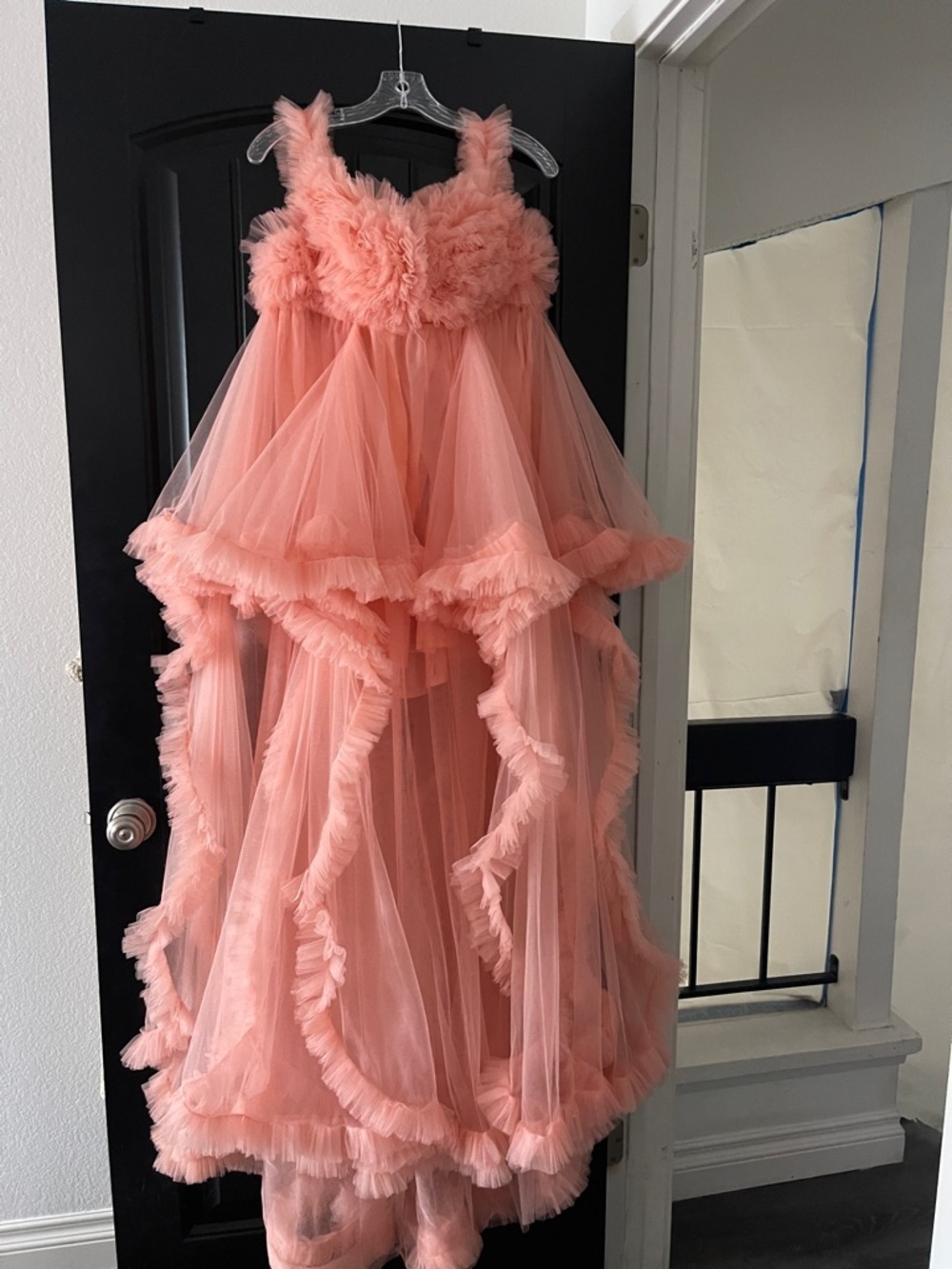 Peach Tulle Maternity Gown S /M Baby Shower Photoshoot Dress Ruffle Lace Up Back - Picture 4 of 10